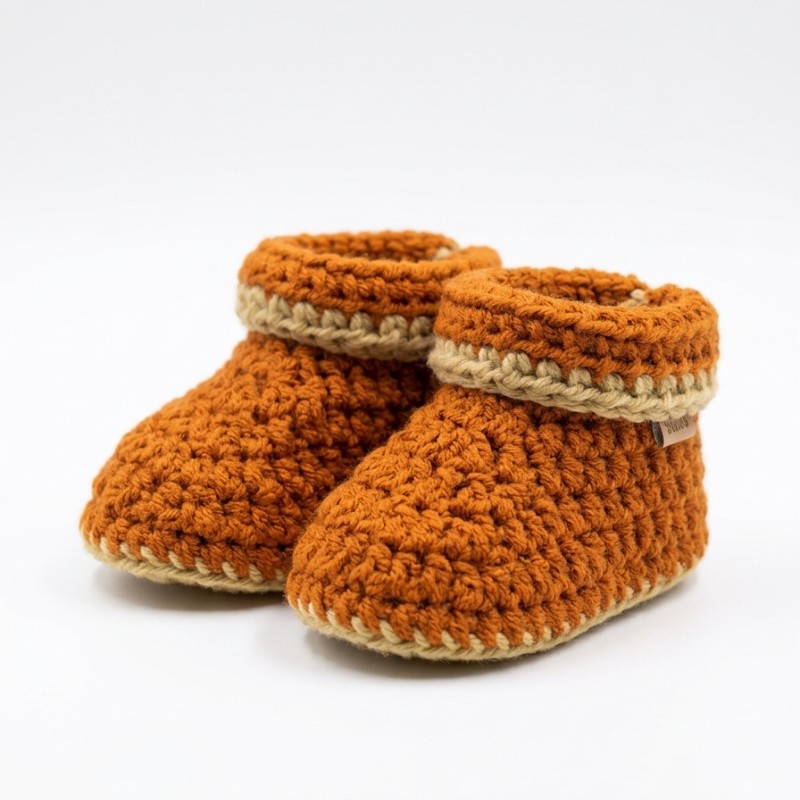 Handmade Rust Orange & Beige Crochet Baby Ankle Booties