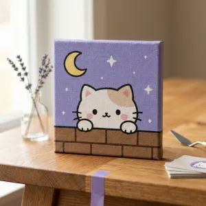 Cozy Starlight Kitty 4x4 Canvas Painting | Handmade Gift for Cat Lovers