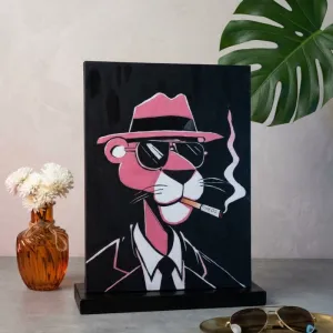 Hand-Painted Pink Panther in Suit Canvas Painting (18" x 24") – Vintage Pop Art Wall Decor with Fedora & Sunglasses