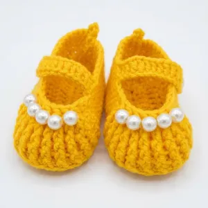 Handmade Pearl-Embellished Yellow Crochet Baby Booties | Soft Shoes for Newborns & Infants