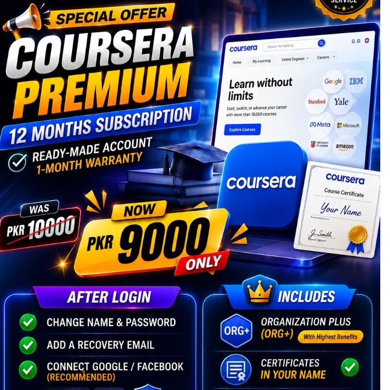 Coursera Premium 12-Month Subscription | Organization Plus (ORG+) | Certificates in Your Name | PKR 9000